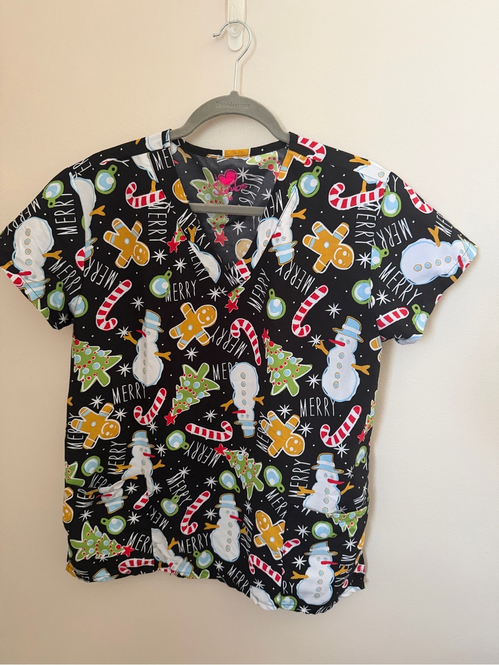 Scrub Top Black V‑Neck Top with Holiday Characters
